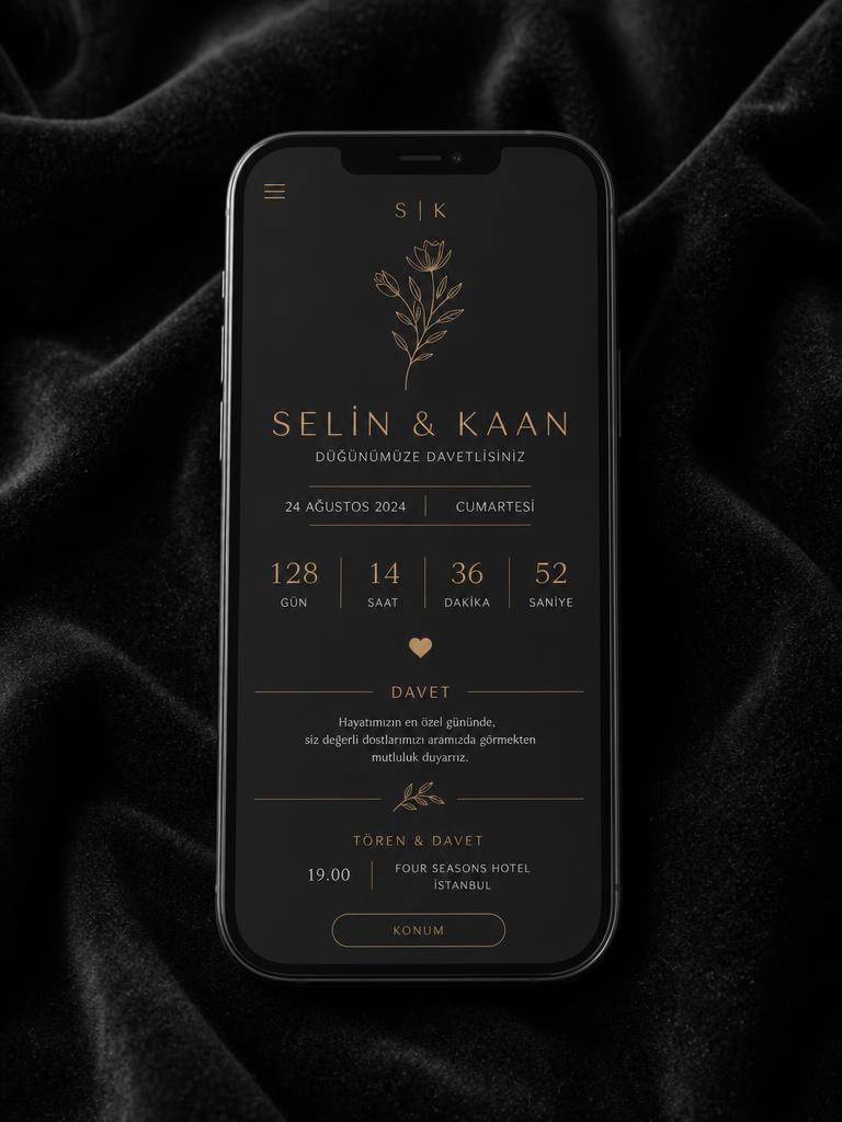 Modern Minimal dijital düğün davetiyesi teması